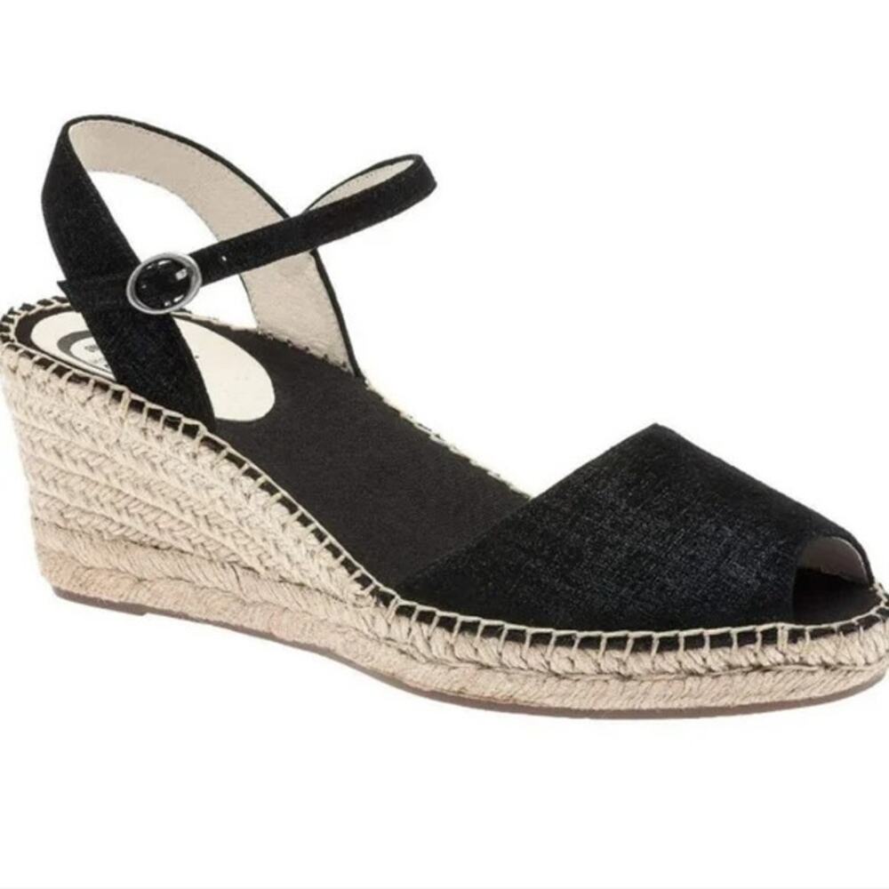 Abeo Dahlia Wedge Espradille Black Metallic Suede Leather Open Toe Women's 7N